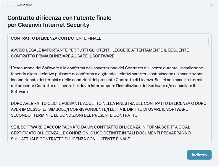 Finestra che contiene il testo del Contratto di licenza con l'utente finale