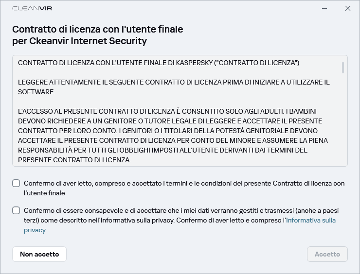 Finestra di accettazione del contratto di licenza GDPR