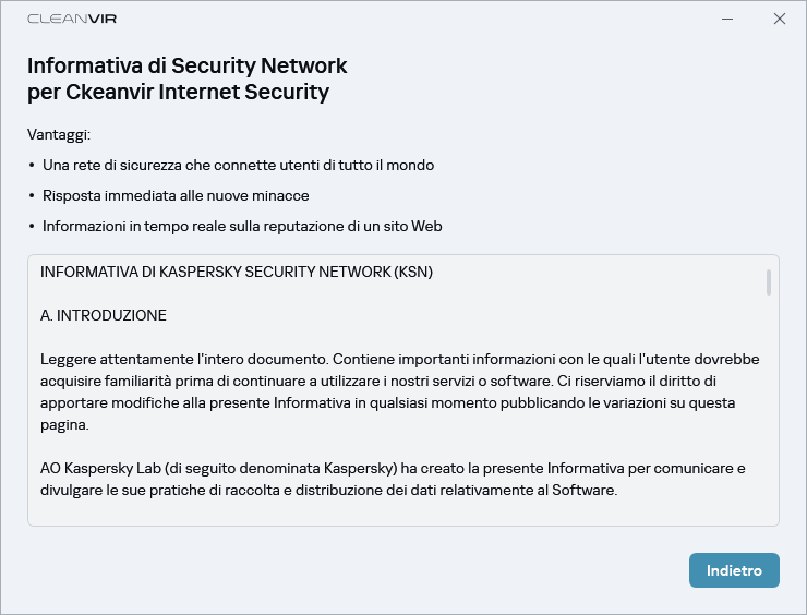 Finestra di accettazione dell'Informativa di Security Network
