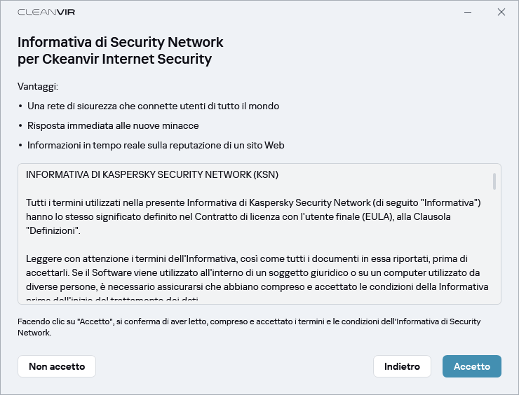 Finestra di accettazione dell'Informativa di Security Network GDPR