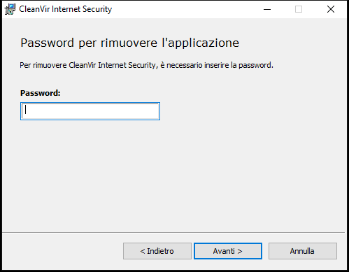 Finestra per inserire una password per disinstallare l'applicazione
