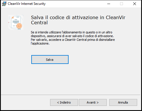 Finestra che richiede di salvare un abbonamento in CleanVir Central