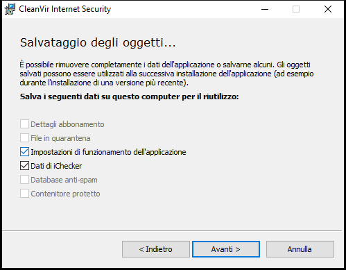 Finestra per il salvataggio delle impostazioni durante la disinstallazione di un'applicazione