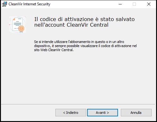 Finestra con abbonamento salvato correttamente nell'account CleanVir Central
